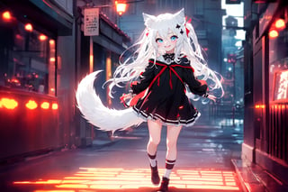 ultra epic HD, photorealistic, cinematic, (masterpiece, best quality:1.15), (1girl, solo, loli), wolf ears, perfect beautiful eyes, white hair, smile, (full body), ((cute, adorable)), 