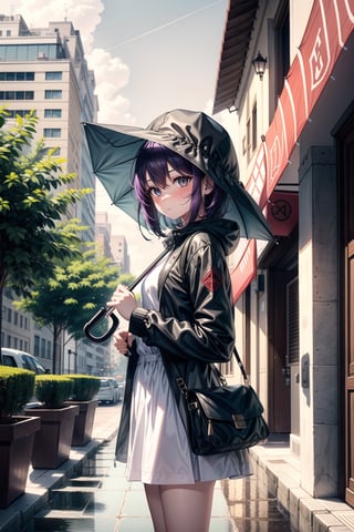 1girl, solo, looking at viewer, blush, short hair, bangs, black hair, long sleeves, dress, holding, hair between eyes, closed mouth, standing, jacket, purple hair, sidelocks, outdoors, open clothes, sky, cloud, hood, bag, white dress, open jacket, black jacket, grey eyes, umbrella, hood down, plant, building, rain, shoulder bag, holding umbrella, city, potted plant, transparent, lamppost, transparent umbrella