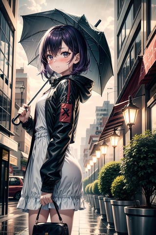 1girl, solo, looking at viewer, blush, short hair, bangs, black hair, long sleeves, dress, holding, hair between eyes, closed mouth, standing, jacket, purple hair, sidelocks, outdoors, open clothes, sky, cloud, hood, bag, white dress, open jacket, black jacket, grey eyes, umbrella, hood down, plant, building, rain, shoulder bag, holding umbrella, city, potted plant, transparent, lamppost, transparent umbrella