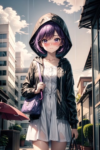 1girl, solo, looking at viewer, blush, short hair, bangs, black hair, long sleeves, dress, holding, hair between eyes, closed mouth, standing, jacket, purple hair, sidelocks, outdoors, open clothes, sky, cloud, hood, bag, white dress, open jacket, black jacket, grey eyes, umbrella, hood down, plant, building, rain, shoulder bag, holding umbrella, city, potted plant, transparent, lamppost, transparent umbrella