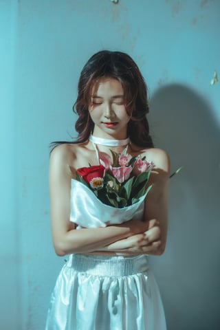 analog photo, a cute girl, 22 years old, black hair, pale skin,White soft satin skirt, choker,((using flowers cover left eyes)), vintage, faded film, film grain,  dark background,Illustration,beautiful deatailed shadow,dust,tyndall effect,lots of detail,hyperdetalization,Upper body