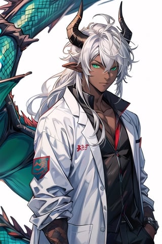 (Masterpiece, best quality, high quality, hi res, absurdres):1.5, 1boy, solo, monster boy, (dragon boy):1.2, lab coat, green eyes, dark skin, brown skin, (fin ears, dragon ears):1.8, (white hair, messy hair, long hair):1.3, (black horns):1.7