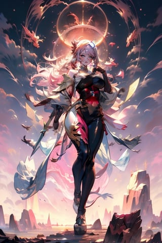 masterpiece, top quality, best quality, official art, beautiful and aesthetic:1.2), (1girl:1.3), chinese dragon, eastern dragon, golden line, (pink theme:1.4), volumetric lighting, ultra-high quality, photorealistic, sky background, daggers,coloured glaze,big breast, big_thighs, curvy_hips