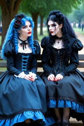 cowboy shot, vampire couple, two women lovers gothic, sitting side by side on a bench, they are having a lover's fight and are both very sad and crying. tears streaming down their faces. one vampire woman has long curly blue hair, blue elaborate gothic lolita outfit and the other vampire woman has long curly black hair in a black elaborate lolita gothic outfit. they are crying and parting ways, horror, dark romantism, raw concept art, masterpiece illustration