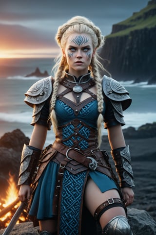 waist shot, dynamic, cinematic of Freydís Eiríksdóttir, Icelandic female warrior and explorer. a fusion of elaborate rococo, ancient iceland, icelandic viking gothic punk. she has very light blond hair in elaborate braids and buns. she has round large big blue eyes. she has ancient viking warpaint on her face, she wears an elaborate ancient viking outfit, she sits on a large rock in front of a blazing fire in a viking encampment, nighttime, background of the icelandic coast, perfect female anatomy, goth person, pastel goth, dal, Gaelic Pattern Style, waist shot, cinematic, dynamic