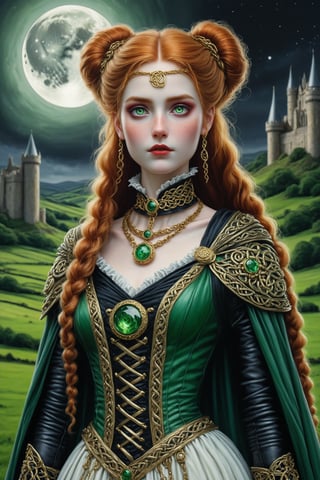 waist shot of Cartimandua, queen of the British Celtic Brigantes ad 51. a fusion of elaborate rococo, ancient english, english celtic gothic punk. she has long copper hair in elaborate braids and buns. she has round large big green eyes. light freckles on her face. she wears an elaborate ancient dress in colors of ivory, red, green, black, elaborate gold torc around her neck, black wool long cape fastened with a large gold celtic brooch. background outside at an ancient castle in yorkshire at night, full moon. perfect female anatomy, goth person, pastel goth, dal, Gaelic Pattern Style, waist shot