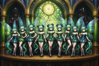 full body shot, extreme long shot of several beautiful stunning miniature magical fairy girls stand next to tall fancy decorative glass bottles of vivid green absinthe and glasses of green absinthe laid out on the bar table in an elaborate french absinthe bar at night. stained glass lamps glow, the fairies are about 10 inches tall, have mischevious smiles. gossamer glittery irradescent fairy wings, their fairy outfits are a fusion of elaborate rococo, high fashion gothic, brocade rich fabrics, rich colors. they have large, round eyes. long pastel colorful hair in twin tails, buns, braids fringe and bangs. perfect female anatomy, goth person, pastel goth, dal, Gaelic Pattern Style,