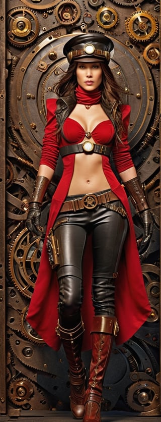 masterpiece, ultra k resolution, 1girl, female elektra, assassin, marvel comics, wears steampunk, steampunk style, concept, full body, detailed steampunk background