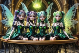 full body shot, long shot of several beautiful stunning miniature magical fairy women fly, sit, and stand on a bar table in an elaborate french absinthe bar at night. stained glass lamps glow, fancy decorative glass bottles of vivid green absinthe and glasses of green absinthe laid out on the bar table. the fairies are about 20 inches tall, have mischevious smiles. gossamer glittery irradescent fairy wings, their fairy outfits are a fusion of elaborate rococo, high fashion gothic, brocade rich fabrics, rich colors. they have large, round eyes. long pastel curly hair in twin tails, buns, braids fringe and bangs. perfect female anatomy, goth person, pastel goth, dal, Gaelic Pattern Style,