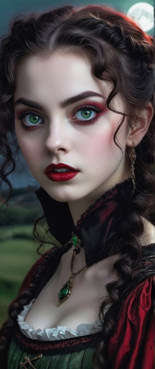 masterpiece, subtle lighting, dark atmosphere, a young girl vampire, pale white skin, ice green pinpoint pupil big eyes, with red gothic clothes with dark blood stains, black volumunous curly hair, gothic hairstyle, open mouth showing long bloody  pointed fangs, background a countryside at night full moon europe circa 1600's, extreme realism, intricate details, ultra quality, 8k UHD