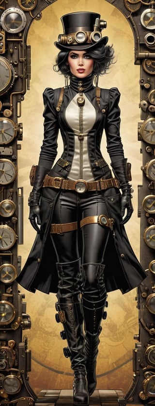 masterpiece, ultra k resolution, female domino comics wears steampunk, steampunk style, concept, full body, detailed steampunk background