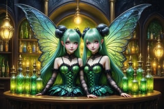 full body shot, extreme long shot of several beautiful stunning miniature magical fairy girls stand next to tall fancy decorative glass bottles of vivid green absinthe and glasses of green absinthe laid out on the bar table in an elaborate french absinthe bar at night. stained glass lamps glow, the fairies are about 20 inches tall, have mischevious smiles. gossamer glittery irradescent fairy wings, their fairy outfits are a fusion of elaborate rococo, high fashion gothic, brocade rich fabrics, rich colors. they have large, round eyes. long pastel colorful hair in twin tails, buns, braids fringe and bangs. perfect female anatomy, goth person, pastel goth, dal, Gaelic Pattern Style,