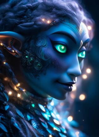 portrait (sacred night and elf puppet),(ultra-fine HDR), extremely delicate and beautiful girl with traslucent opalescent skin, closed mouth, glowing intricate round human detailed eyes, glowing tattoos on face, 