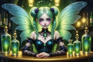 full body shot, extreme long shot of a beautiful stunning miniature magical fairy lady standing next to fancy bottles of vivid green absinthe and glasses of green absinthe laid out on the bar table in an elaborate french absinthe bar at night. the fairy is smaller than the bottles of absinthe. she has a mischevious smile. gossamer glittery opalescent fairy wings, her fairy outfit is a fusion of elaborate rococo, high fashion gothic, brocade rich fabrics, rich colors. she has large, round eyes. long pastel colorful hair in twin tails, buns, braids fringe and bangs. perfect female anatomy, goth person, pastel goth, dal, Gaelic Pattern Style,