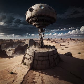 alien desert surface, landscape, geometrical ruins, strange ancient sculptures, stormy sky, black clouds, a steampunk female explorer/pilot has landed her small airship on an alien desert planet. she is surveying the landscape and structures. detailed background of a vast desert with slow moving storm and black clouds forming, bright sky and shafts of light through the clouds, very blue sky above,