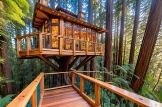 ((masterpiece)), (((best quality))), ((ultra-detailed)), beautiful elaborate exclusive well appointed treehouse deep in a lush redwood forest, rope bridges hang in between the house and trees in the forest, spacious treehouse. the tree house is 3 stories high with a spiral staircase up toe the 2nd and 3rd floors. gorgeous art nouveau style architecture, sliding stained glass doors are open, there is a large wooden deck around the perimeter of the treehouse, with richly appointed furniture, shafts of light through the canopy, beautiful blue sky,,aw0k euphoric style,aw0k euphoricred style, long shot from above looking down
