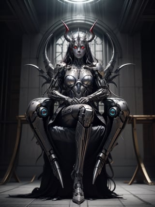 portrait of a cyborg android demon queen, pure evil, glowing red eyes, full body shot, very long talons on her hands, razor sharp mecha metal wings on fire and glowing, metal horns, fierce, detailed background of the queen sitting on a metal, gieger throne android throne room, dark red blood on the floor and raining from above on to the queen, full body,cyborg