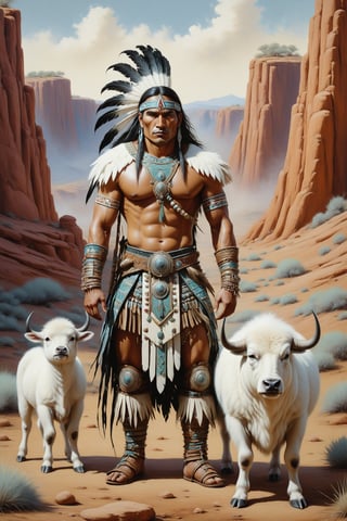 full body shot, a handsome, fierce native american indian warrior stands next to a  small baby white buffalo. his outfitis a fusion of elaborate native american rococo, high fashion gothic outfit in luxurious fabrics, rich colors he has warpaint, painted leather loincloth, his chest is bare. mohawk, lakota. behind him is the american southwest, cliff dwellings, tee pee, sage, goth person, pastel goth, dal, Gaelic Pattern Style,