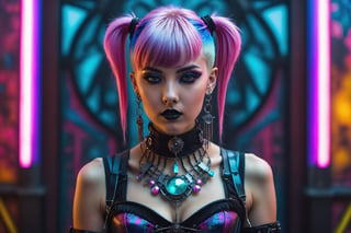 portrait of a beautiful young cyberpunk woman. dark gothic make-up, elaborate cyberpunk-inspired corset outfit, elaborate cyberpunk long earrings and necklace. vivid colorful pastel short layered hair with fringe and bangs. background of detailed elaborate cyberpunk-inspired wallpaper.