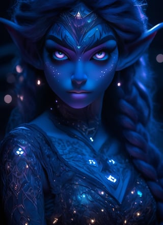 portrait (sacred night and elf puppet),(ultra-fine HDR), extremely delicate and beautiful girl with traslucent opalescent skin, closed mouth, glowing intricate round human detailed eyes, glowing tattoos on face, 