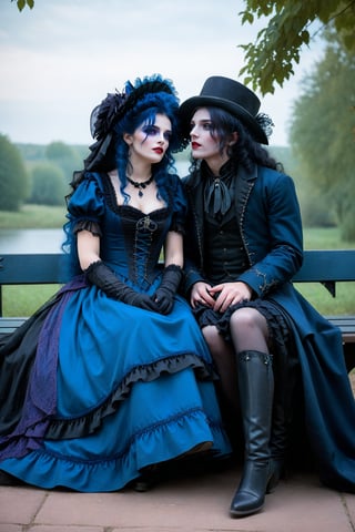 cowboy shot, vampire couple, two women lovers gothic, sitting side by side on a bench, they are both very sad and crying. tears streaming down their faces. one vampire woman has long curly blue hair, blue elaborate gothic lolita outfit and the other vampire woman has long curly black hair in a black elaborate lolita gothic outfit. they are crying and parting ways, horror, dark romantism, raw concept art, masterpiece illustration