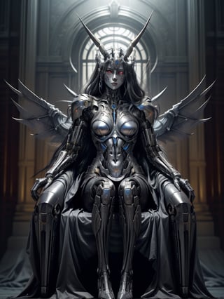 portrait of a cyborg android demon queen, pure evil, full body shot, very long talons on her hands, razor sharp mecha metal wings on fire and glowing, metal horns, fierce, detailed background of the queen sitting on a metal, gieger throne android throne room, full body,cyborg