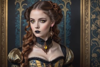 portrait of a beautiful young victorian woman. (yellow eyes). dark gothic make-up, elaborate art nouveau victorian brocade corset, outfit, elaborate art nouveau long earrings and necklace. copper curly long hair. background of detailed elaborate art nouveau-inspired wallpaper