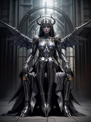 portrait of a cyborg android demon queen, pure evil, full body shot, very long talons on her hands, razor sharp mecha metal wings on fire and glowing, metal horns, fierce, detailed background of the queen sitting on a metal, gieger throne android throne room, full body,cyborg