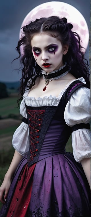 masterpiece, subtle lighting, dark atmosphere, a young girl vampire, pale white skin, blood drips on face, red pinpoint pupil big eyes, with purple elaborate gothic attire with blood stains, black volumunous curly hair, gothic hairstyle, bloody open mouth showing long bloody pointed fangs, background a countryside at night full moon europe circa 1600's, extreme realism, intricate details, ultra quality, 8k UHD