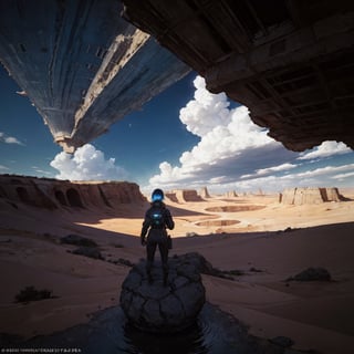 alien desert surface, landscape, geometrical ruins, strange ancient sculptures, stormy sky, black clouds, a steampunk female explorer/pilot has landed her small airship on an alien desert planet. she is surveying the landscape and structures through her telescope. she is close to the camera. detailed background of a vast desert with ancient structures, small water holes with blue water, slow moving storm and black clouds forming, bright sky and shafts of light through the clouds, very blue sky above,