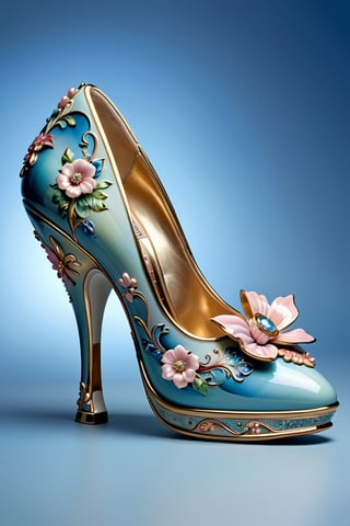 digital art, 8k,  picture of one high heel woman's shoe, the shoe is Noritake China, Lusterware, whimsical, side view of shoe beautiful, highly detailed, whimsical, fantasy,,more detail XL