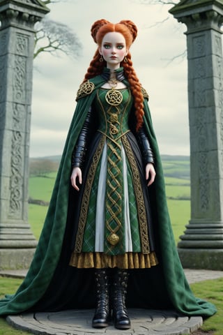 full body shot extreme long shot of Cartimandua, queen of the British Celtic Brigantes ad 51. a fusion of elaborate rococo, ancient english, english celtic gothic punk. she has long copper hair in elaborate braids and buns. she has round large big green eyes. light freckles on her face. she wears an elaborate ancient plaid dress in colors of ivory, red, green, black, elaborate gold torc aroundher neck, wool plaid cape fastened with a large gold celtic brooch. black leather boots. background outside at Swinton Druids Temple North Yorkshire, England perfect female anatomy, goth person, pastel goth, dal, Gaelic Pattern Style, full body shot, long shot, Queen Mavia