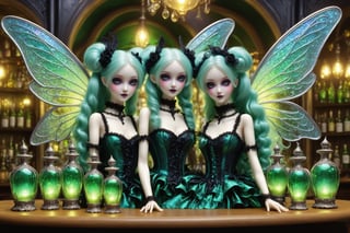 full body shot, long shot of several beautiful stunning miniature magical fairy women stand next to tall fancy decorative glass bottles of vivid green absinthe and glasses of green absinthe laid out on the bar table in an elaborate french absinthe bar at night. stained glass lamps glow, the fairies are about 20 inches tall, have mischevious smiles. gossamer glittery irradescent fairy wings, their fairy outfits are a fusion of elaborate rococo, high fashion gothic, brocade rich fabrics, rich colors. they have large, round eyes. long pastel curly hair in twin tails, buns, braids fringe and bangs. perfect female anatomy, goth person, pastel goth, dal, Gaelic Pattern Style,