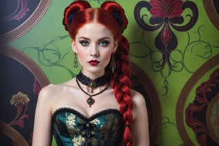 portrait of a beautiful young victorian woman. (green eyes). dark gothic make-up, elaborate art nouveau victorian brocade corset, outfit, elaborate art nouveau long earrings and necklace. vivid red hair in elaborate braids and buns. background of detailed elaborate art nouveau-inspired wallpaper