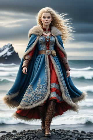 full body extreme long shot, cinematic, dynamic, dynamic, cinematic of Freydís Eiríksdóttir, Icelandic female warrior and explorer. a fusion of elaborate rococo, ancient iceland, icelandic viking gothic punk. she has very light blond hair. she has blue eyes. she wears an elaborate ancient icelandic viking woman's strap dress in colors of dark blue, brown, beige, red, cloak with large viking brooch, fur trim, elaborate viking celtic embroidery. detailed background of a viking ship offshore in the distance, background of a viking ship, perfect female anatomy, goth person, pastel goth, dal, Gaelic Pattern Style, full body extreme long shot, cinematic, dynamic