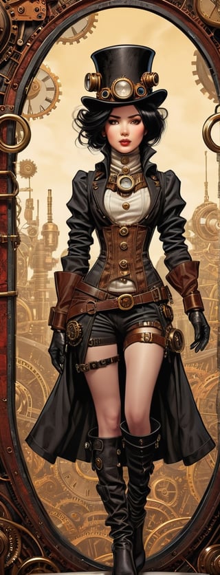 masterpiece, ultra k resolution, female Purgatori comics red skin color, black hair wears steampunk, steampunk style, concept, full body, detailed steampunk background