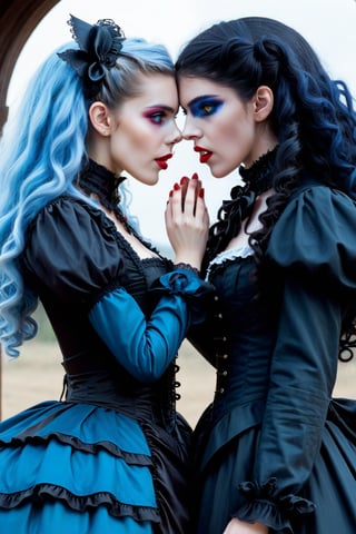 cowboy shot, vampire couple, two women lovers gothic, side by side, the are fighting and are sad. one vampire woman has long curly blue hair, blue elaborate gothic lolita outfit and the other vampire woman has long curly black hair in a black elaborate lolita gothic outfit. they are crying and parting ways, horror, dark romantism, raw concept art, masterpiece illustration