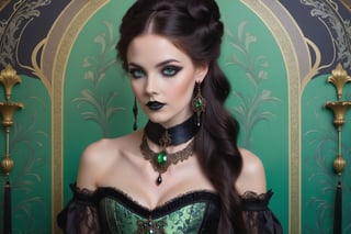 portrait of a beautiful young victorian woman. (green eyes). dark gothic make-up, elaborate art nouveau victorian brocade corset, outfit, elaborate art nouveau long earrings and necklace. jet black long hair. background of detailed elaborate art nouveau-inspired wallpaper