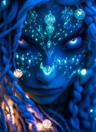 close up portrait (sacred night and elf puppet),(ultra-fine HDR), extremely delicate and beautiful girl with white traslucent opalescent skin, glowing intricate round human detailed eyes, glowing tattoos on face, glowing floating translucent orbs, blue hair in elaborrate braids and buns 