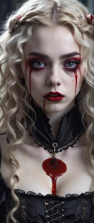 masterpiece, subtle lighting, dark atmosphere, a young girl vampire, pale white skin, blood drips on face and under eyes, glowing bright red pleading big eyes, with white elaborate gothic attire with blood stains, blond volumunous curly hair, gothic hairstyle, bloody red full sensual lips, blood dripping down chin, sorrowful, sad facial expression, background a countryside at night full moon europe circa 1700's, extreme realism, intricate details, ultra quality, 8k UHD