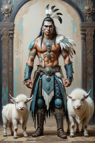 full body shot, a handsome, fierce native american indian warrior stands next to a  small baby white buffalo. his outfitis a fusion of elaborate native american rococo, high fashion gothic outfit in luxurious fabrics, rich colors he has warpaint, painted leather loincloth, his chest is bare. mohawk, lakota. goth person, pastel goth, dal, Gaelic Pattern Style,