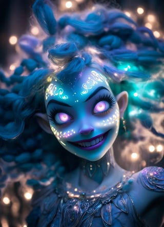 1/3 shot portrait dynamic pose, (sacred night and elf puppet),(ultra-fine HDR), extremely delicate and beautiful girl with translucent opalescent skin, closed mouth, glowing intricate round human detailed eyes, long vivid pastel colorful hair, glowing tattoos on face, 