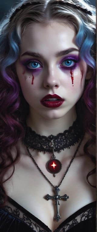 masterpiece, subtle lighting, dark atmosphere, upper torso of a young girl vampire, pale white skin, blood drips on face and under eyes, glowing bright light blue pinpoint pupil pleading big eyes, with purple velvet elaborate gothic attire with blood stains, purple volumunous curly hair, gothic hairstyle, upside down cross necklace, bloody red full sensual lips, blood dripping down chin, sorrowful, sad, innocent facial expression, detailed background a countryside at night full moon europe circa 1700's, extreme realism, intricate details, ultra quality, 8k UHD