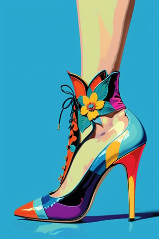 digital art, 8k, picture of a high heel woman's shoe, the shoe is inspired by the art of andy warhol, pop art, whimsical, side view of shoe beautiful, highly detailed, whimsical, fantasy, ,more detail XL