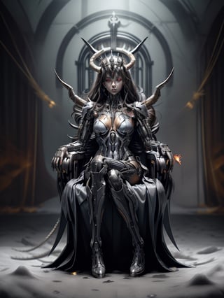 portrait of a cyborg android demon queen, pure evil, full body shot, very long talons on her hands, razor sharp mecha metal wings on fire and glowing, metal horns, fierce, detailed background of the queen sitting on a metal, gieger throne android throne room, full body,cyborg