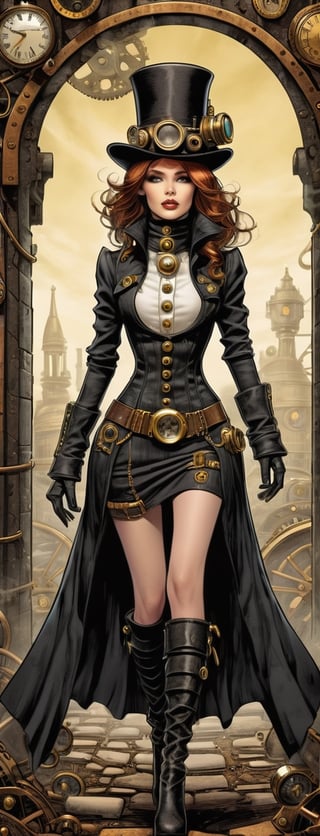 masterpiece, ultra k resolution, femalesilk spectre comics wears steampunk, steampunk style, concept, full body, detailed steampunk background