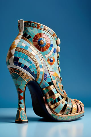 digital art, 8k, picture of a high heel woman's shoe, the shoe is inspired by ancient roman mosaic patterns, chunky heel, whimsical, shoe made of ceramic, side view of shoe beautiful, highly detailed, whimsical, fantasy, ,more detail XL