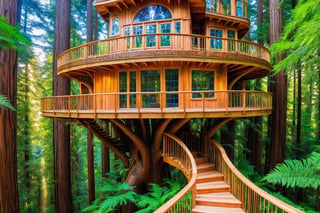 ((masterpiece)), (((best quality))), ((ultra-detailed)), beautiful elaborate exclusive realistic intricate detailed fantastical treehouse deep in a lush green redwood forest,  the tree house is spacious, 3 stories high. big clear glass windows, gorgeous art nouveau style architecture, one side of the treehouse is open, without a wall, revealing the interior of the house and spiral staircase and living room, there is a large wooden deck around the perimeter of the treehouse, shafts of light shine through the canopy, beautiful blue sky,,aw0k euphoric style,aw0k euphoricred style, long shot from above looking down
