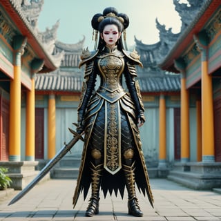 full body shot long shot of Lady Triệu, a vietnamese woman warrior. a fusion of elaborate rococo, ancient vietnam, vietnamese gothic punk. she has black hair in elaborate braids and buns. she has round large big copper eyes. she is vietnamese. she wears an elaborate ancient vietnamese female warrior outfit. she stands outside of an ancient vietnamese palace dynamic shot holding a sword above her head outside a traditional vietnamese palace. perfect female anatomy, goth person, pastel goth, dal, Gaelic Pattern Style, full body shot, long shot, Triệu Thị Trinh