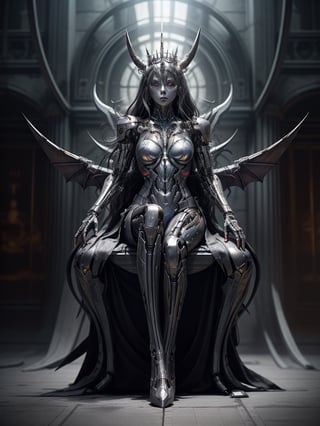 portrait of a cyborg android demon queen, pure evil, full body shot, very long talons on her hands, razor sharp mecha metal wings on fire and glowing, metal horns, fierce, detailed background of the queen sitting on a metal, gieger throne android throne room, full body,cyborg